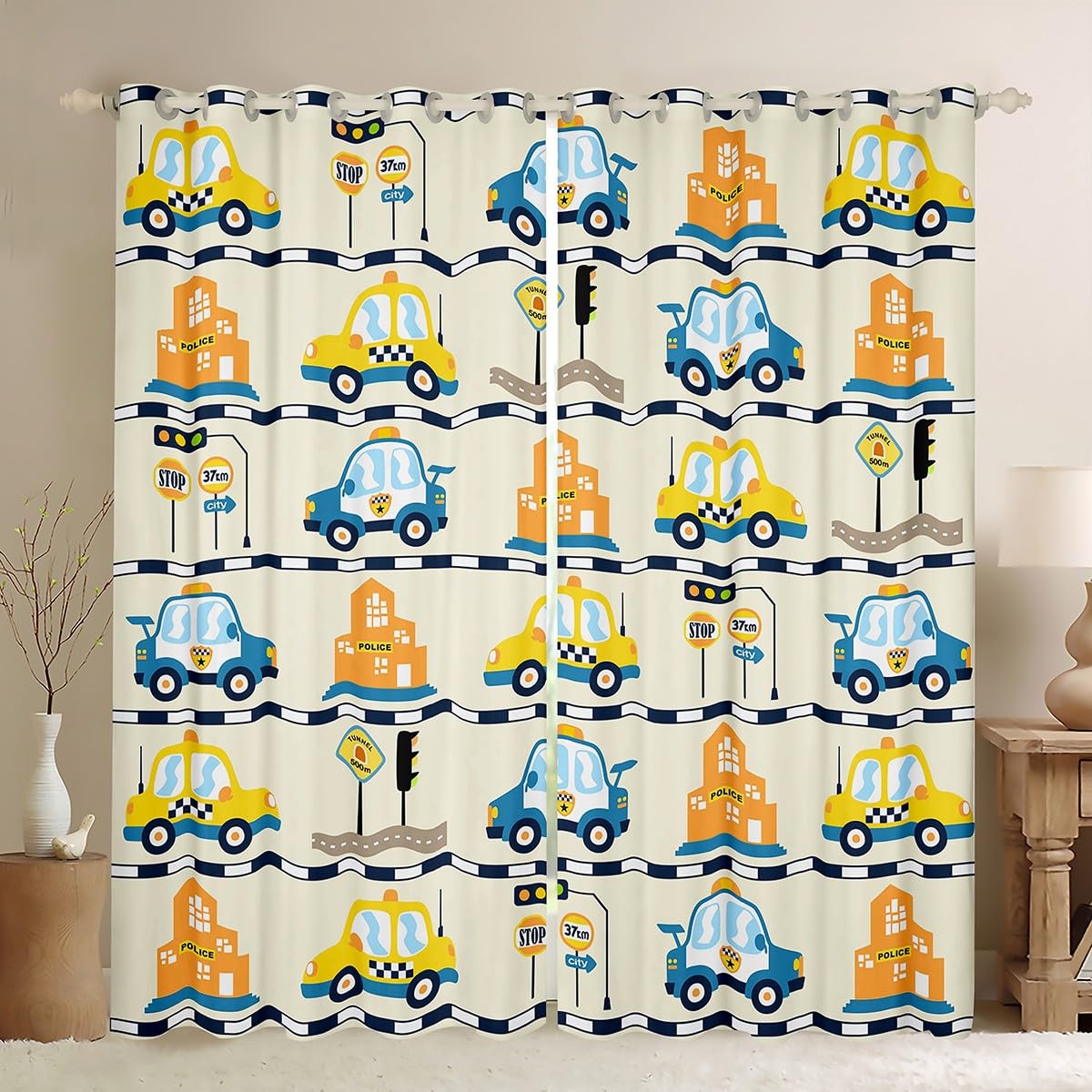 Homemissing Police Car Curtains for Bedroom Living Room Kids Cartopon Car Blackout Curtains Boys Construction Site Cars Darkening Dreapes Cute Vehicle Window Treatments W46*L72