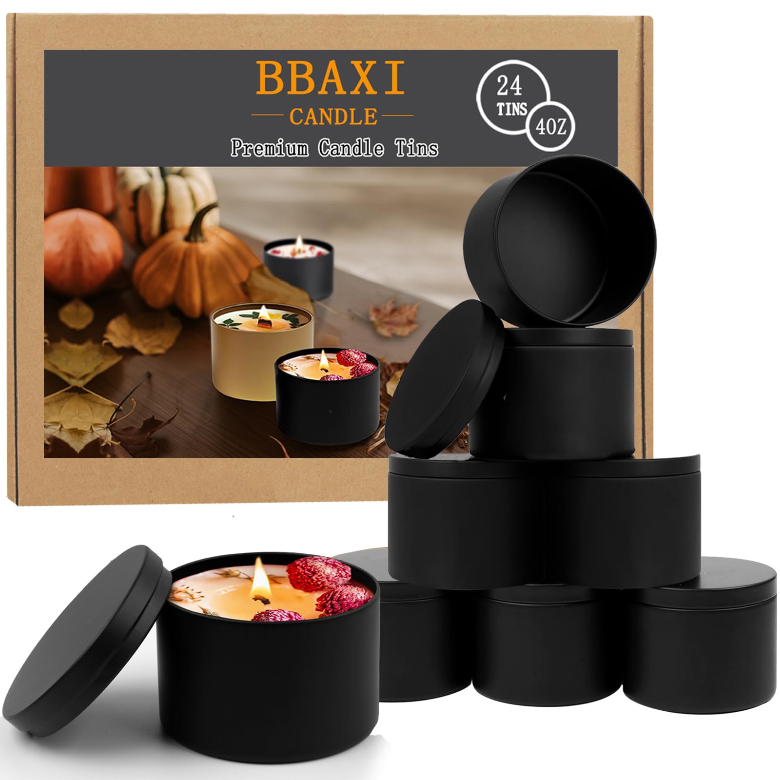 BBAXI 4 oz Black Candle Tins 24 Pcs, Black Empty Candle Tin with Lids for DIY Candles Making, Matte Full Black Candle Jars for Candle Making