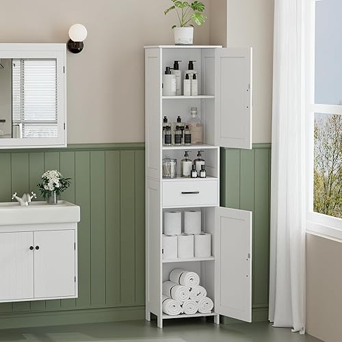 Vista 9 de HOMHEDY - Armario alto de 67 pulgadas con 2 puertas tipo granero, 1 cajón, estantes ajustables, unidad estrecha para baño, sala de estar, entrada