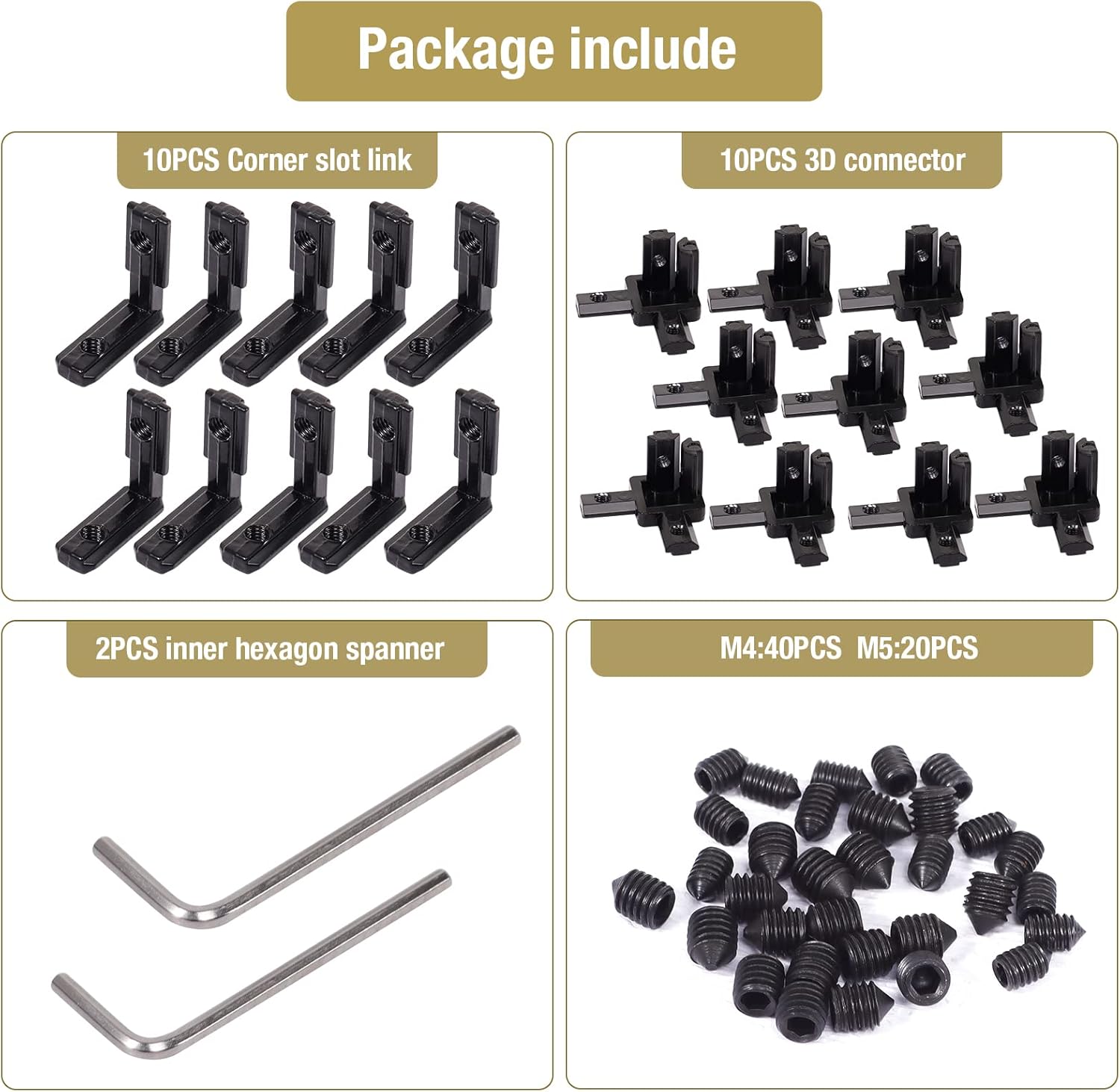 20Pcs 2020 Aluminum Extrusion Connectors 3-Way End Corner Bracket Connector Black T Slot L-Shape Interior Corner Joint Bracket for Aluminum Extrusion Profile Slot Connector Set 6mm with Screws&Wrench