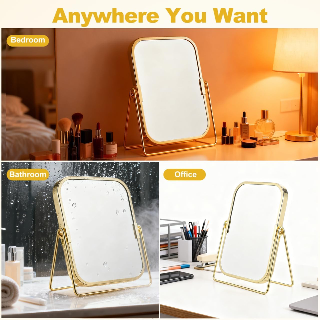 Mipcase Double-Sided Makeup Mirror with Stand: 360 Degree Swivel Tabletop Vanity Mirror with 1X / 2X Magnification for Dressing Table Bedroom Bathroom, 7.86X6.09X1.18in