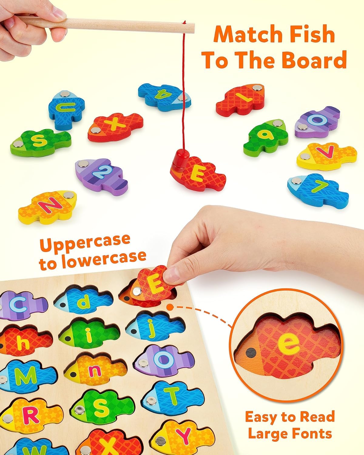 SHINETOY Magnetic Alphabet Numbers Fishing Game, Wooden ABC Letter Numbers 123 Color Matching Puzzle Fine Motor Montessori Educational Toy for Preschool 3 4 5 Year Old Toddlers, 2 Poles 3