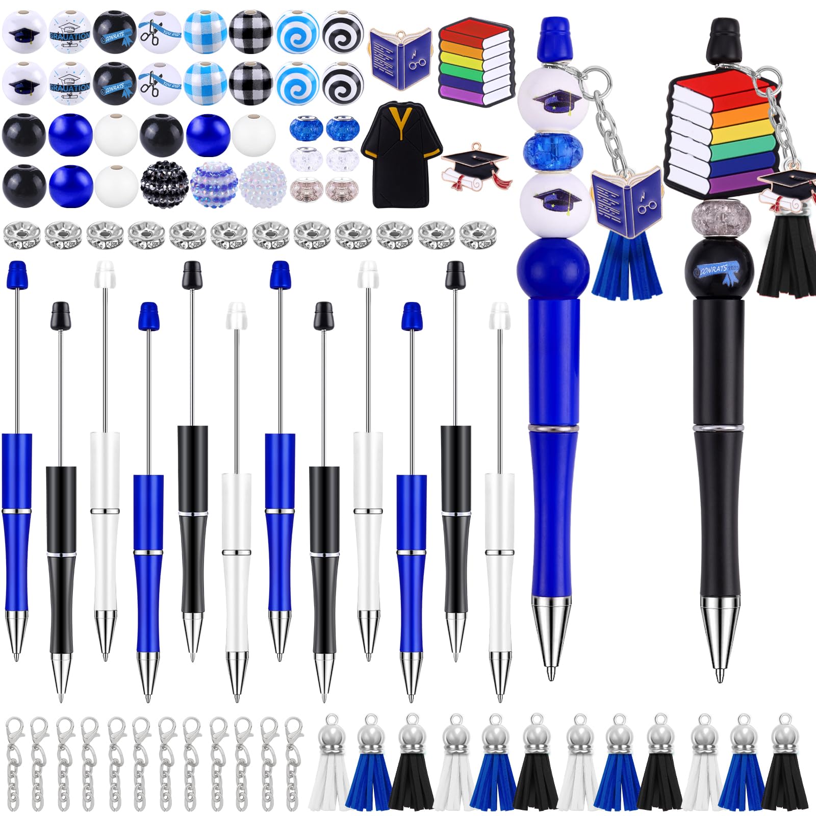 Vellibring 12 Set Graduation Beadable Pens Plastic Bead Black Blue Bulk Ballpoint DIY Crafting Pens Making Kit with Pendants Lobster Clasps for
