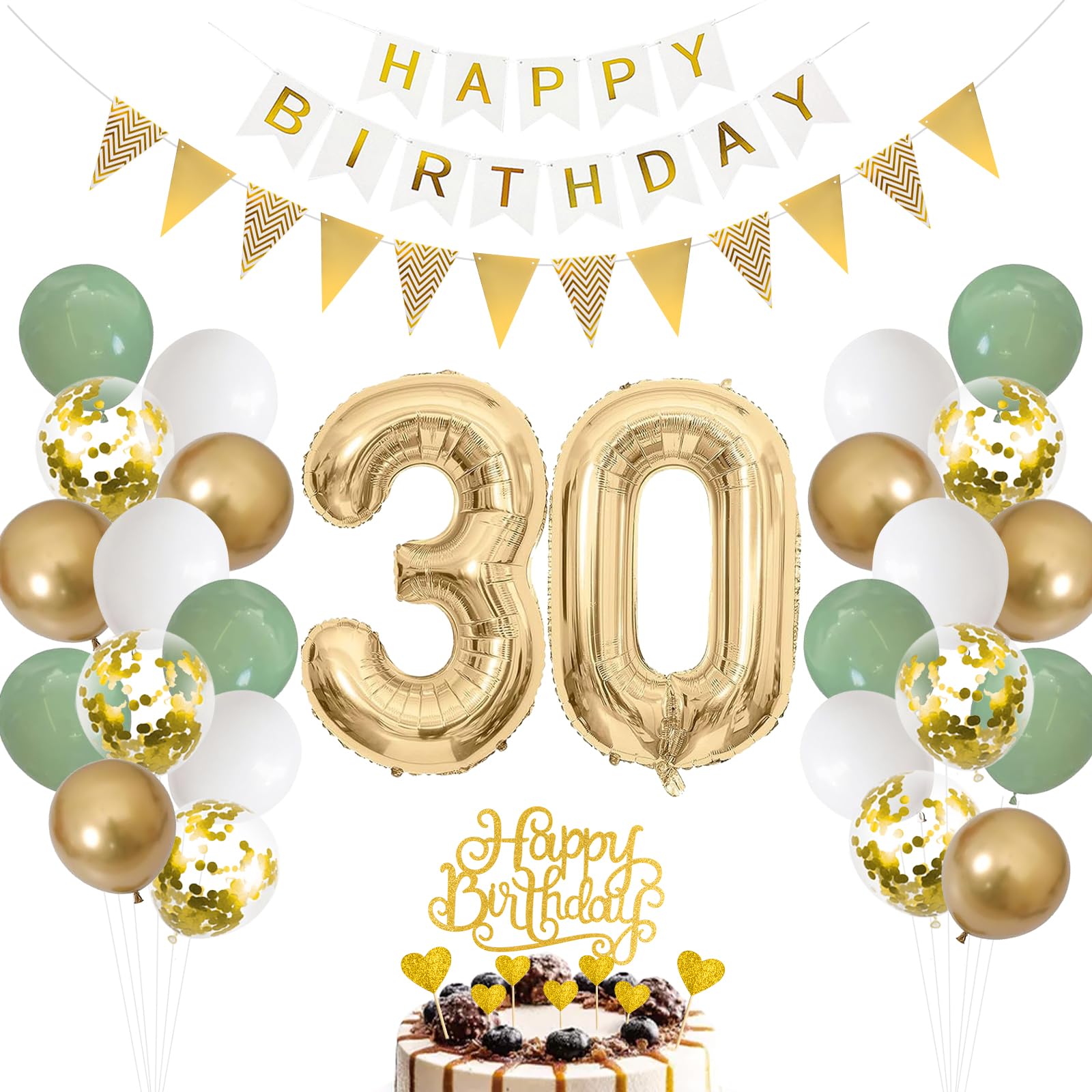30. Geburtstag Deko Salbeigrüne - Luftballon für Männer und Frauen, Ballon Grün Weiß Gold, Zahl 30 Folienballon, Tortendeko für 30. Dekoration