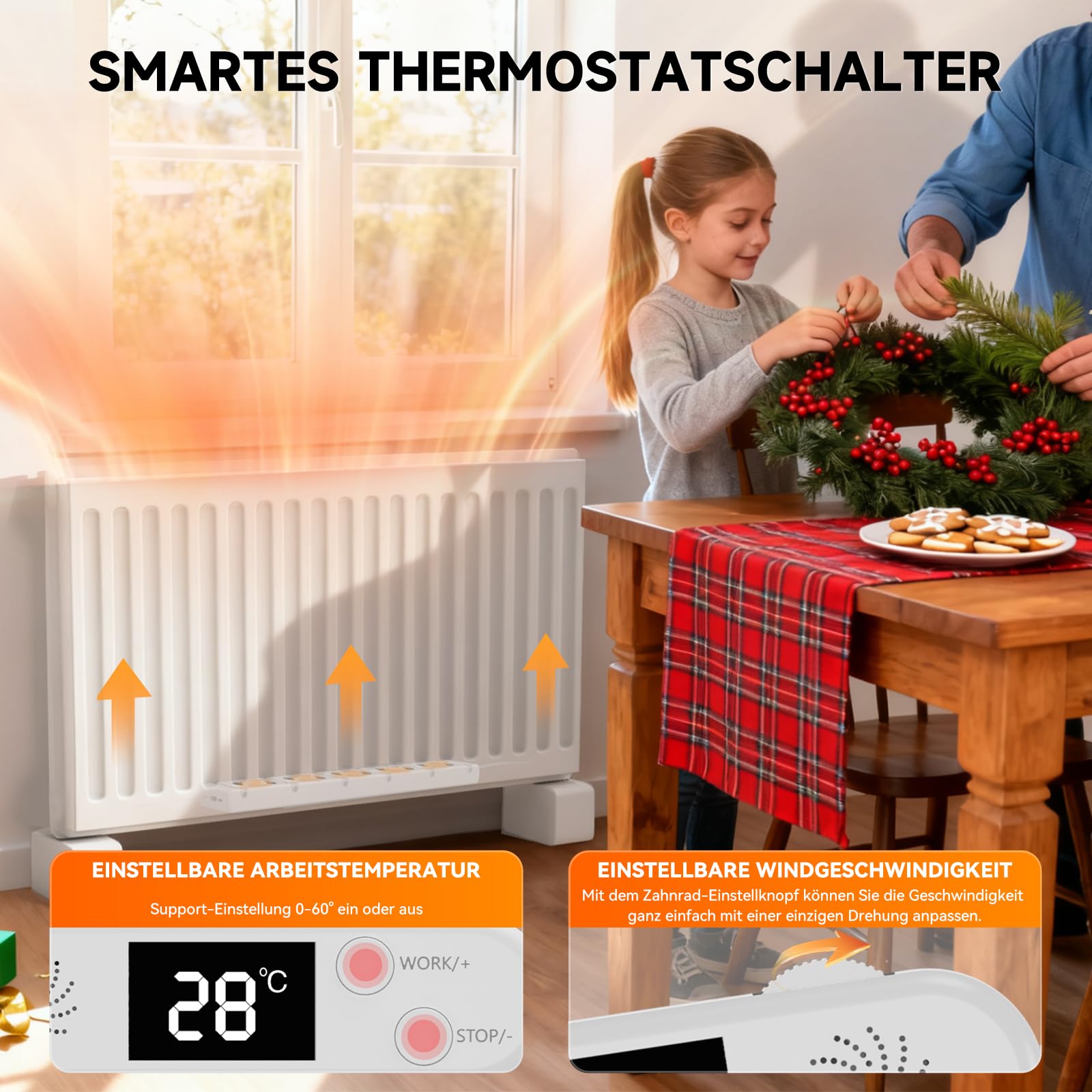 Warmfay Heizkörper Ventilator 5.0 Heizungsventilator, Smart Heizkörperverstärker Einstellbarer Geschwindigkeit mit Thermostaten, Heizungslüfter Lauf Ruhig Sparen von Energie & Heizkosten (Mono Set)