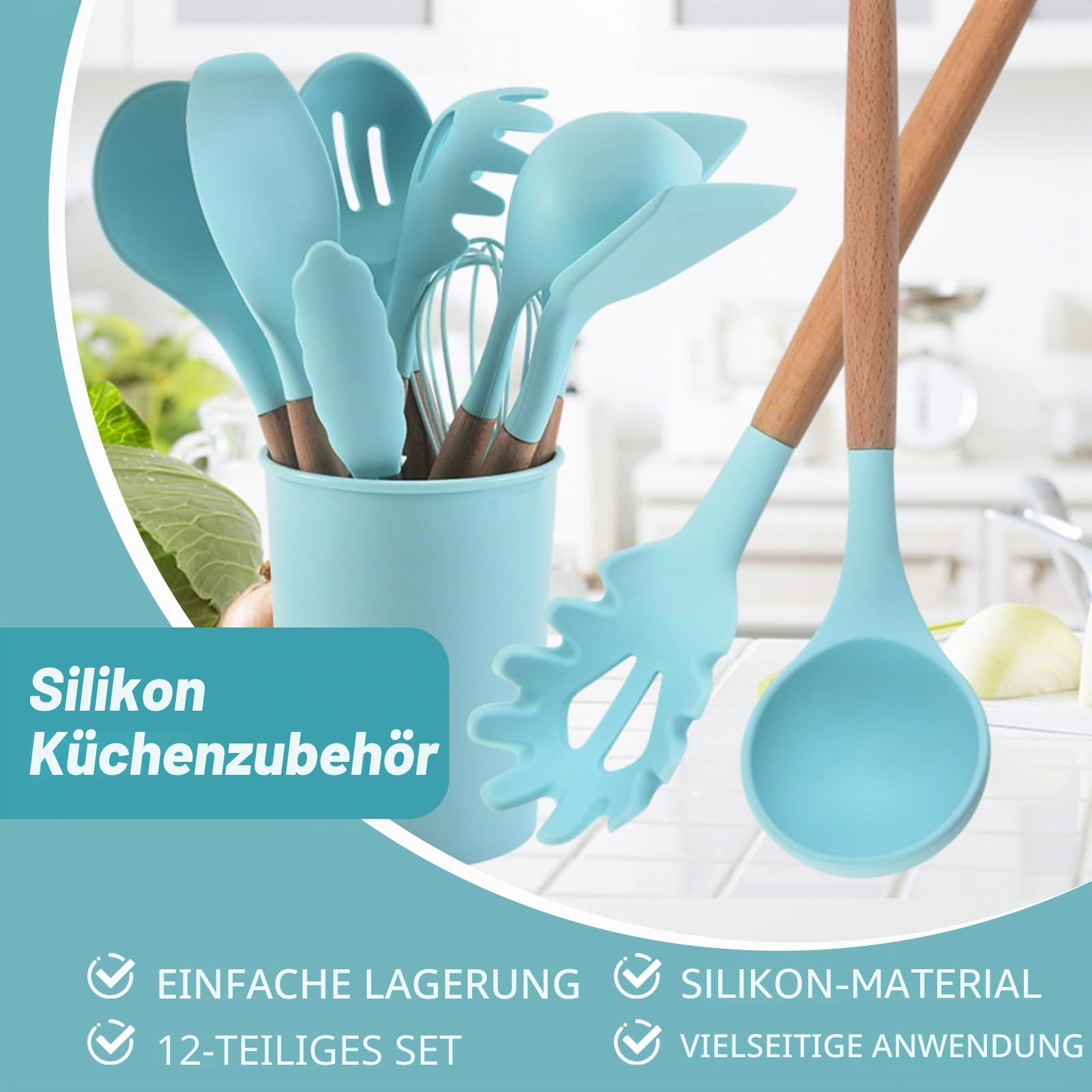 12-teiliges Kochutensilien-Set, Silikon-Kochutensilien-Set Hellblau Antihaft-Küchenutensilien mit Holzgriff Silikon-Küchengeschirr