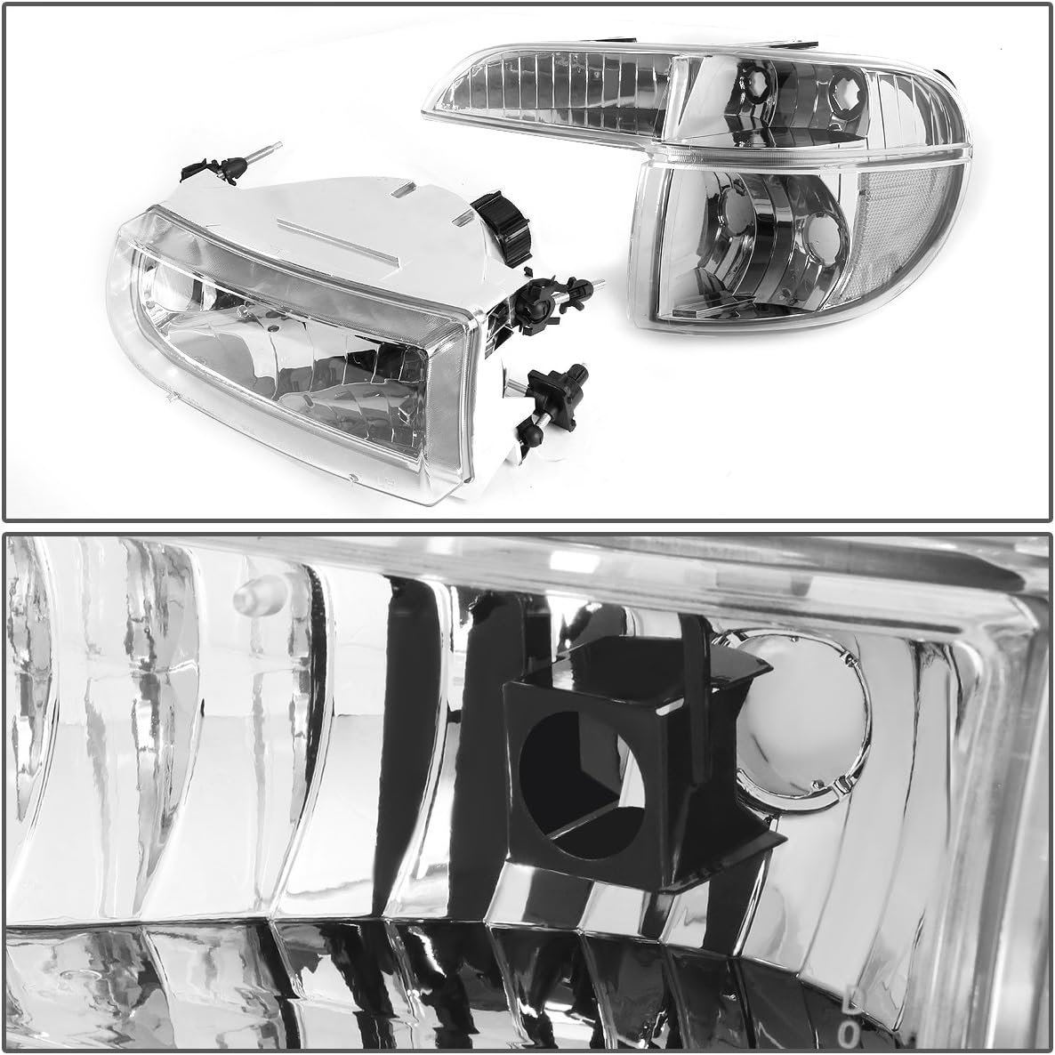 4PCs Chrome Housing Clear Corner Headlights + Bumper Lights Compatible with Ford Explorer 95-01 / Mercury Mountaineer 97