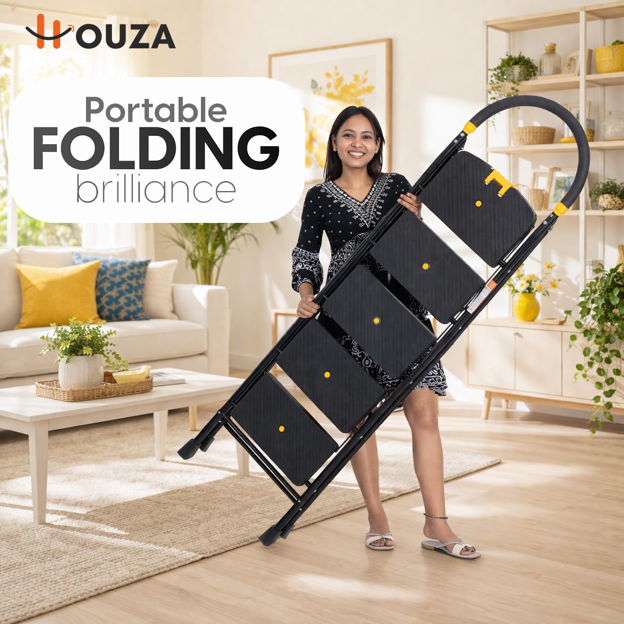 HOUZA Steel Ladder for Home 5 Steps Foldable with Anti-Skid Wide Steps (30cm x 20cm) | 5 Step Ladder for Home Use with Secure Lock | 150 Kg Load Capacity Folding Ladder | 5 Year Warranty (Black) — Amazon image 4