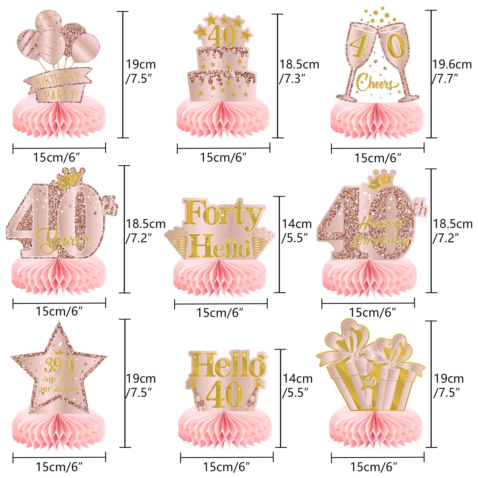 9Pcs 40th Birthday Decorations Pink Rose Gold Honeycomb Centerpieces for Girls,Happy 40th Birthday Table Centerpieces Party Supplies,Forty Year Old Birthday Table Decor