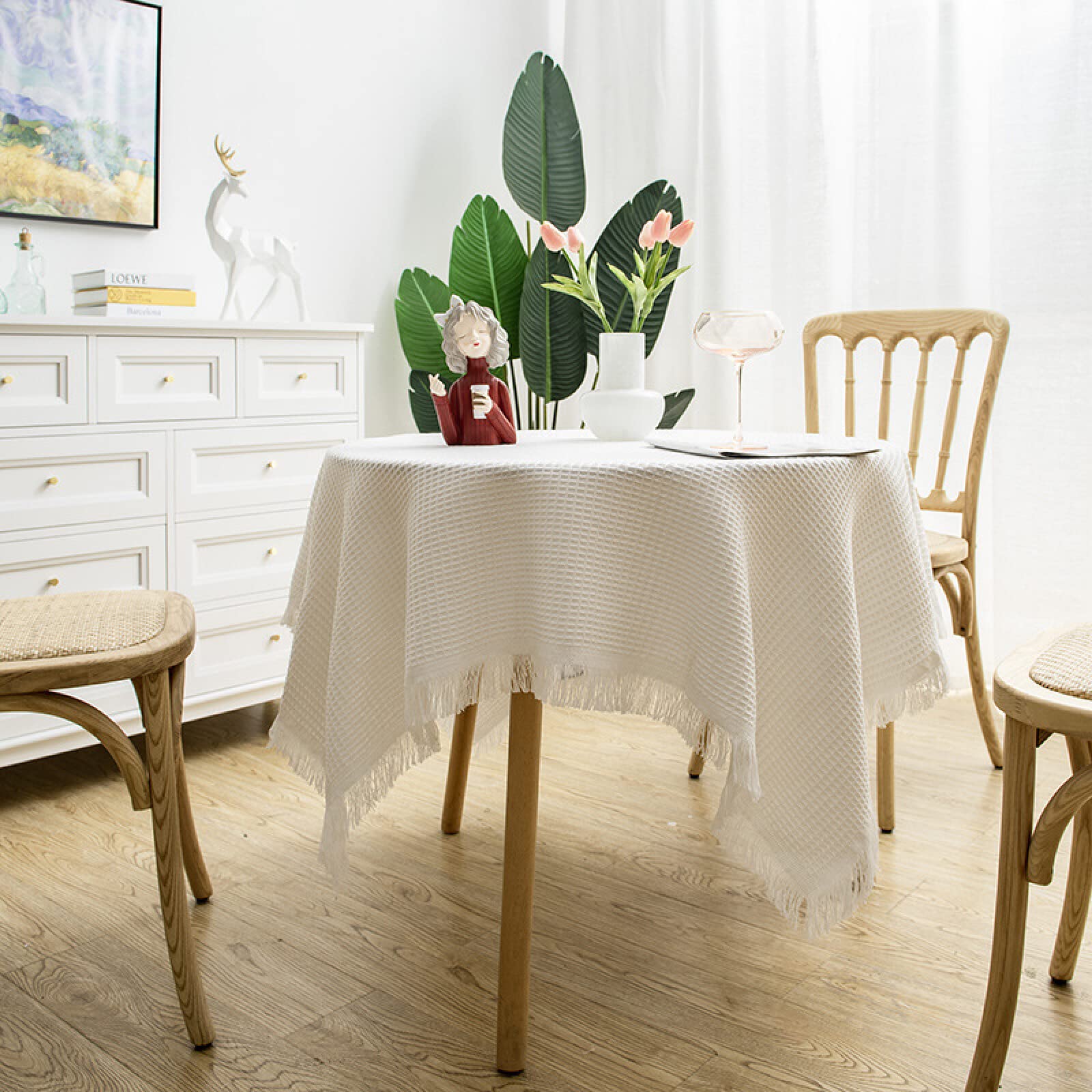 PetTree white rectangular tassel tablecloth, French retro round table dessert tablecloth