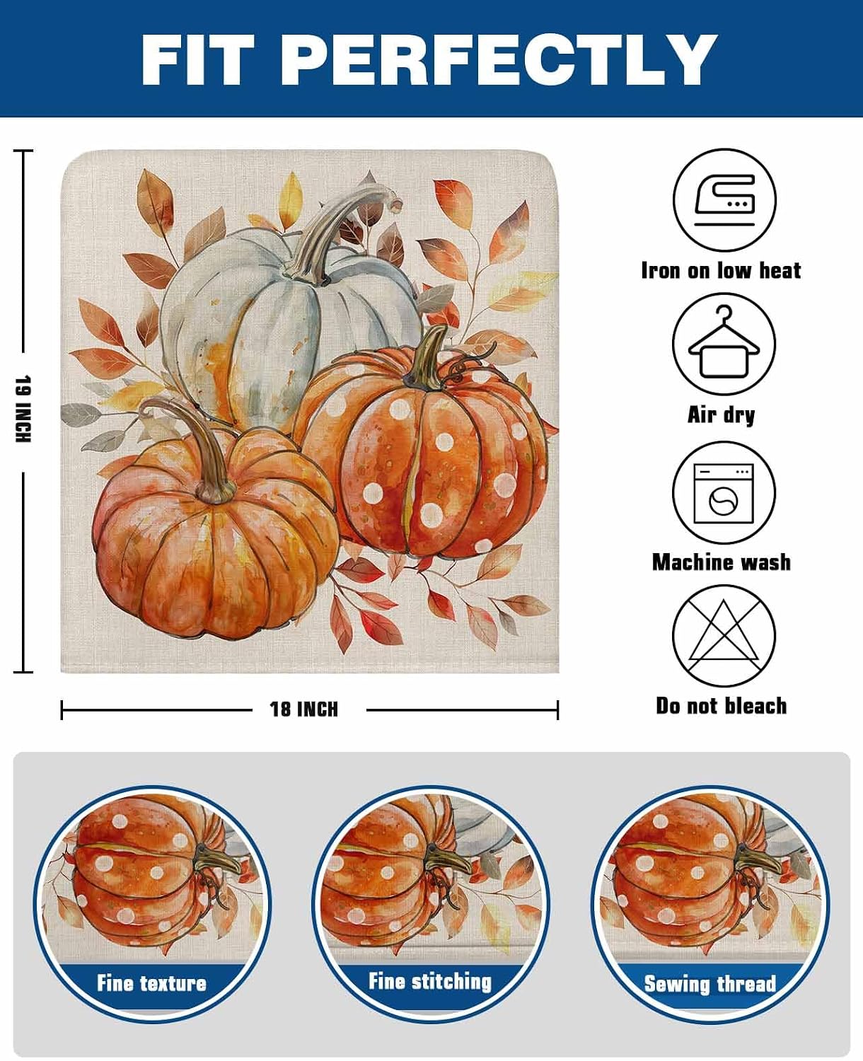 Gray Orange Pumpkins Fall Chair Covers for Dining Room, Thanksgiving Eucalyptus Leaves Linen Polyester Back Chair Protector, Rustic Beige 4 Pcs Chair Decor, 20 x 19 in