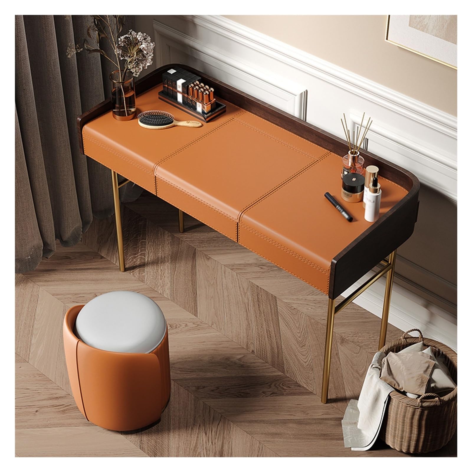Juego de tocador de dormitorio gris con taburete abatible de madera con espejo oculto para el hogar, ideal para madres y mujeres