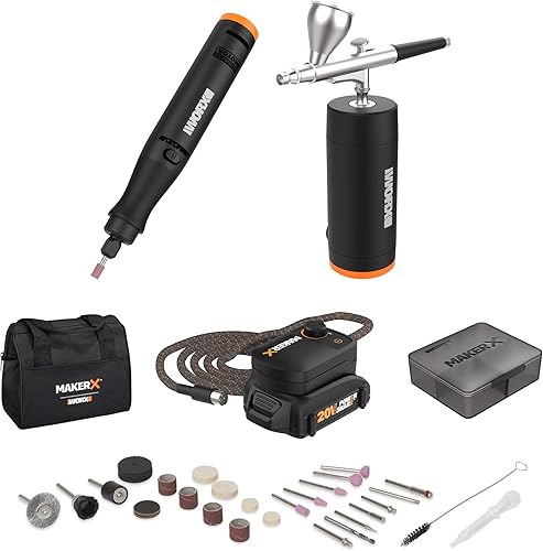 Worx MAKERX WX992L 20V Kit de herramientas de manualidades (2 piezas) - Herramienta giratoria + cepillo de aire