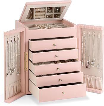 Dajasan Large Jewelry Organizer Box, 6-Tier Jewelry Storage Case with 5 Drawers, Jewelry Boxes for Women Girls with Mirror, Double Door, Textured PU Leather, Gift Idea, Stylish Pink + Gold
