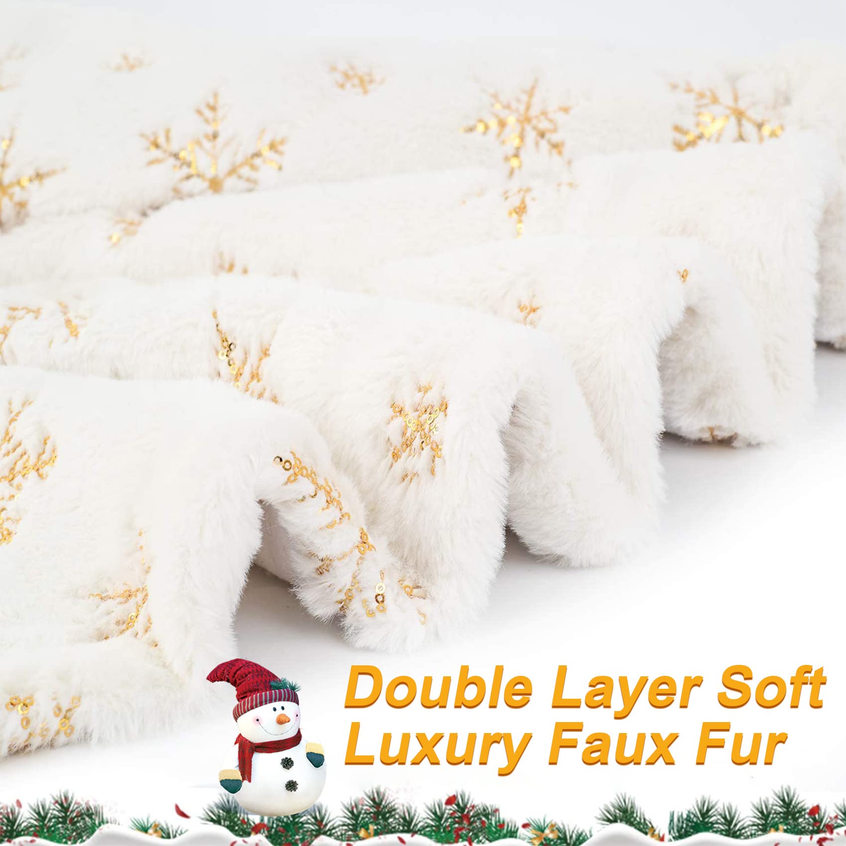 Jupe De Sapin De Noël Blanche 90cm - Fausse Fourrure Avec Flocons Dorés - Cache-pied Décoratif