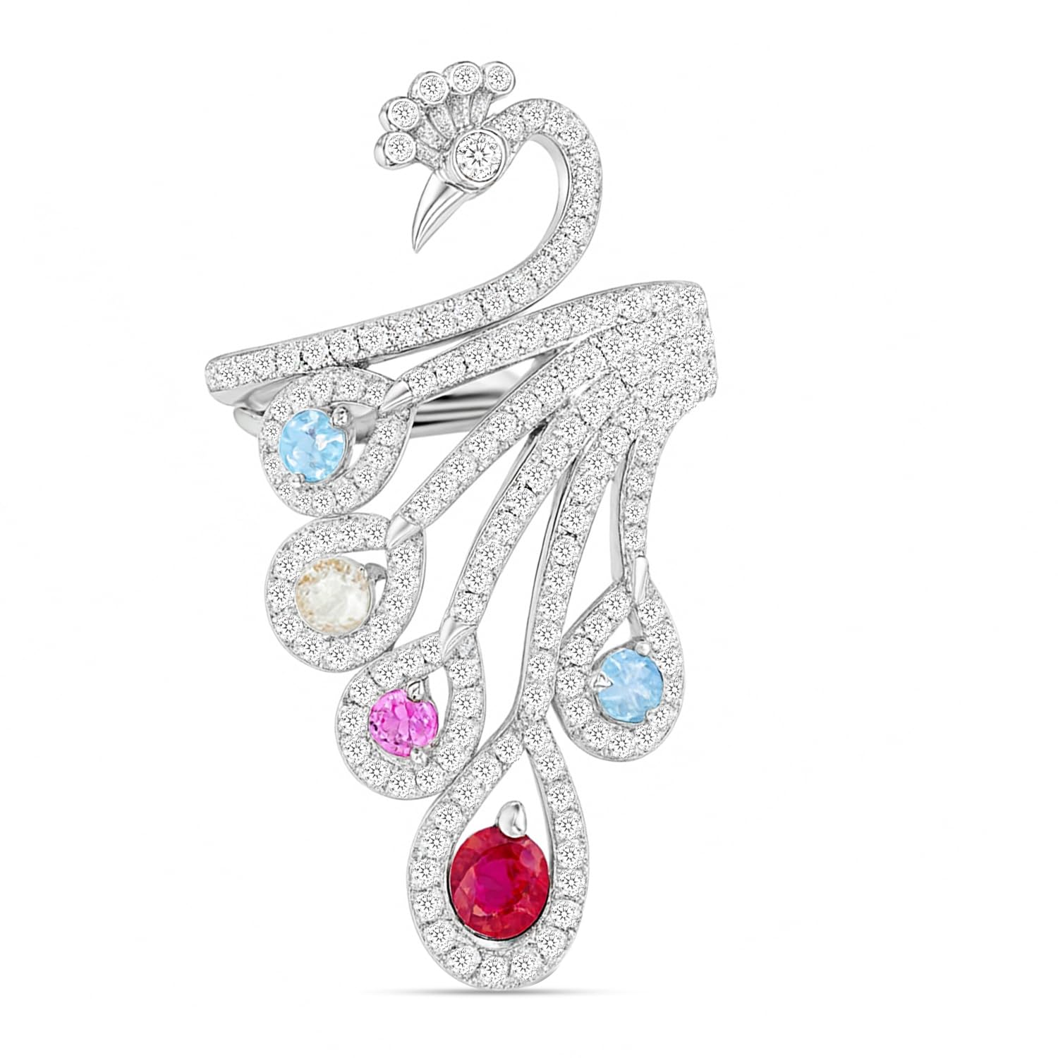 Peacock’s Wings of Wonder Rhodium Plated Ring (Adjustable) | Gift For Women-image-37