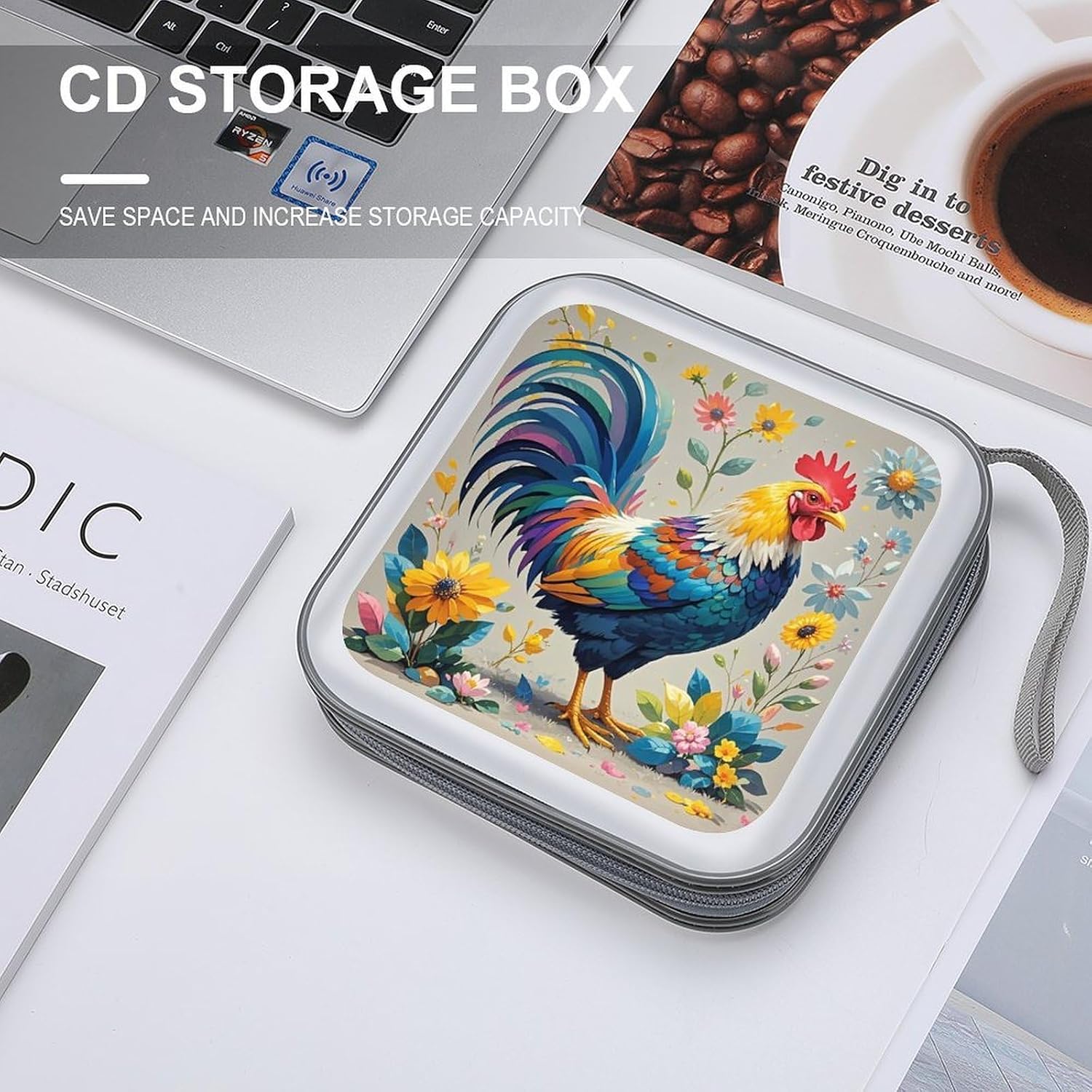 Art Colorful Chicken CD Case Hard Plastic 40 Capacity DVD Case Holders Wallet Portable Zipper CD Case DVD Storage Binder Disc Storage Organizer for Car Home Office Travel image 4