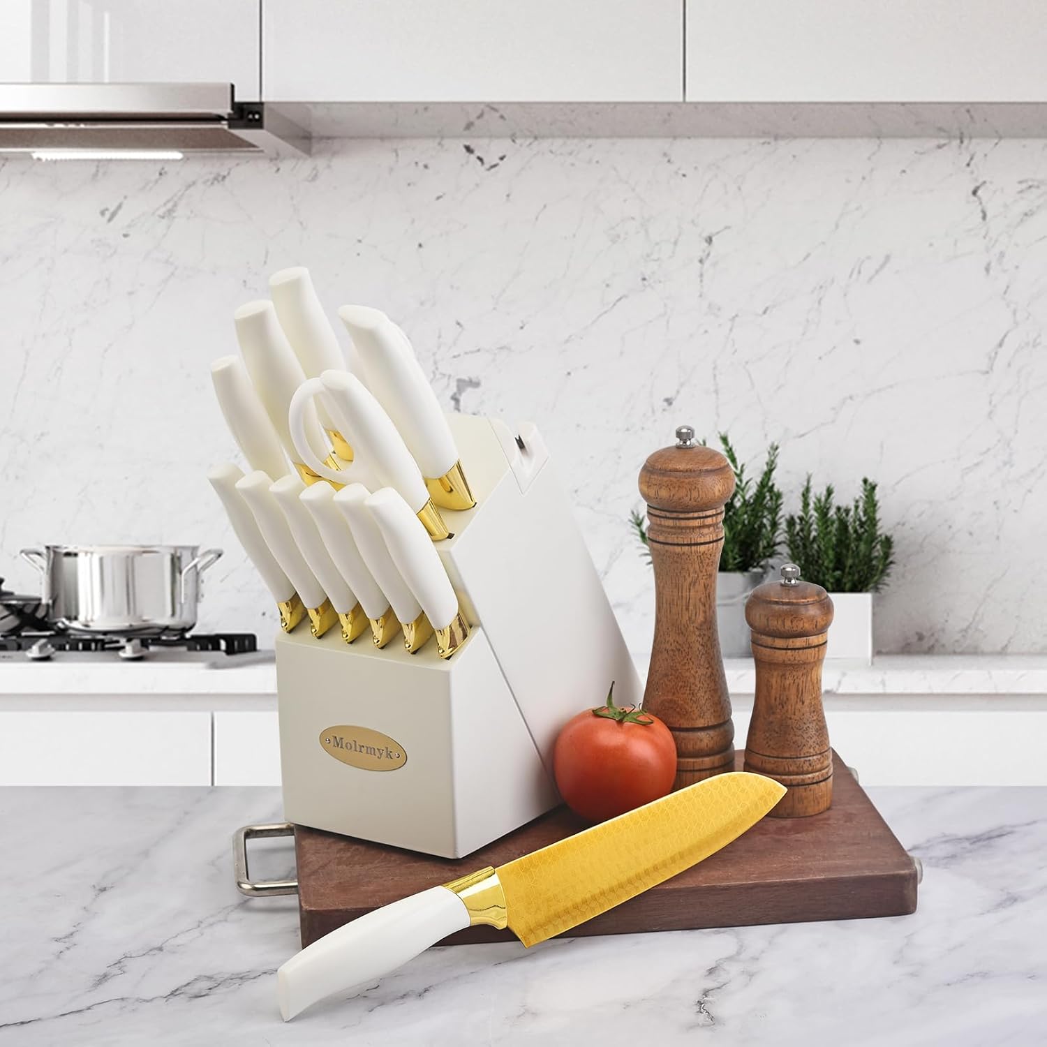 Knife Set, Non Stick Thick and Sharp Stainless Steel Kitchen Knives Set with Wood Block, 14 Pcs Cutlery Knives Block Set with Steak Knife, Bread Knife, Scissors, Chef Quality (White)