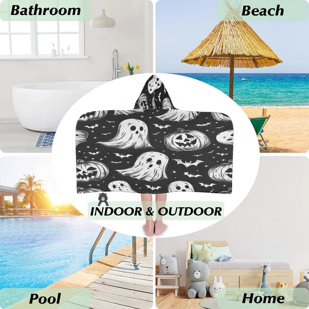 Pardick Kids Bath Towel Skull Ghost Pumpkin Beach Towel with Hood Pool Cover Up for Girls Boys Soft Absorbent Hooded Bath Towel Toddler Towels for Beach, Pool