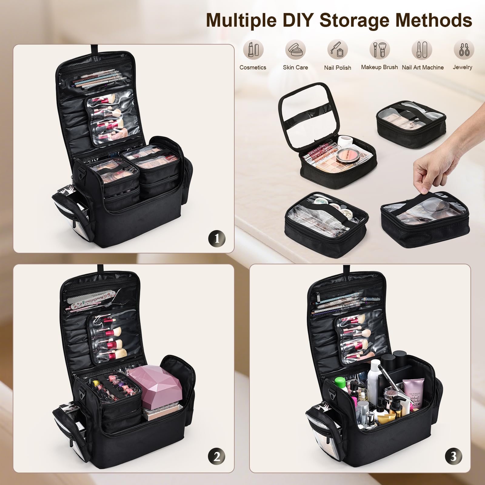 Beauty case grande per trucchi, nail art, cosmetici, gioielli, con cinghia per il trasporto, in tessuto di nylon, 29 x 21 x 25 cm, nero e trasparente