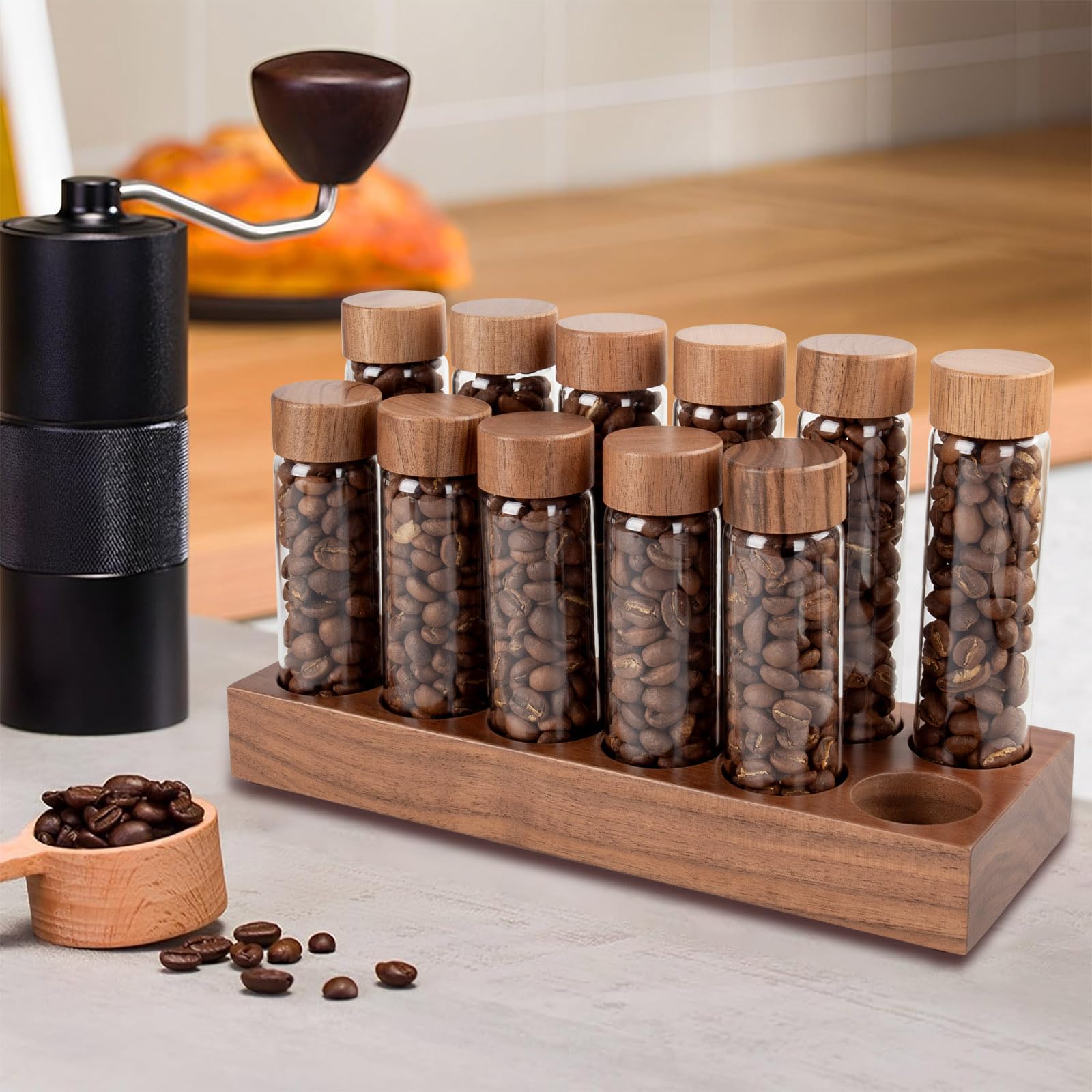 Guolich Walnuss Massivholzsockel Kaffeedosen 12 Röhren Kaffeebohnen- Aufbewahrung aus Holz für einzelne Portionen,Kaffeebohnen Behälter,Glasfläschchen mit Deckeln, Behälter-Displayständer und Trichter Küche, Haushalt & Wohnen