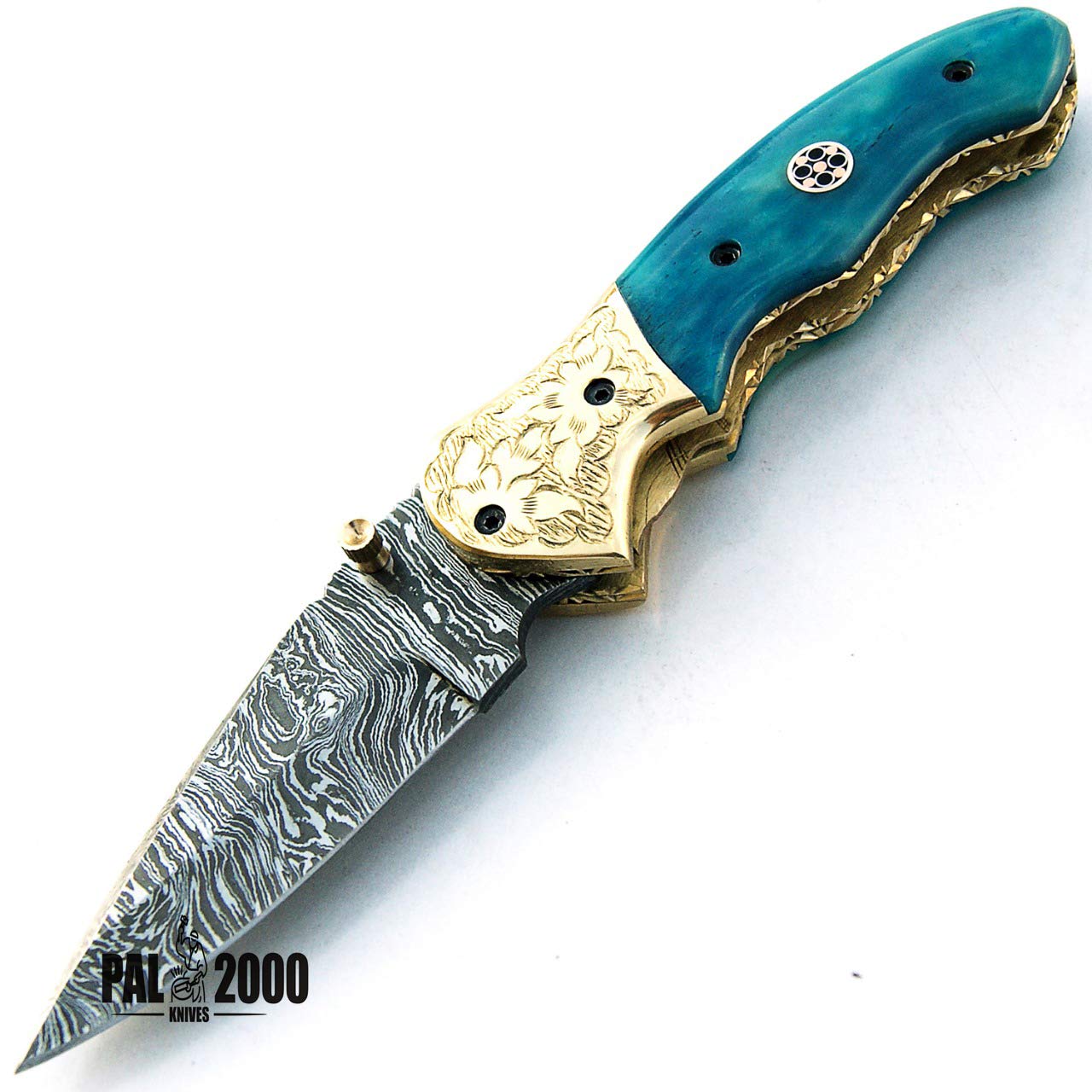 PAL 2000 SBRM-9418 Coltello Pieghevole in Acciaio con Lama in Acciaio Damasco con Custodia in Pelle 18 CM Maniglia Tinto Biglietto Cammello Chef Camping Cucina Casa da Pesca Giardino