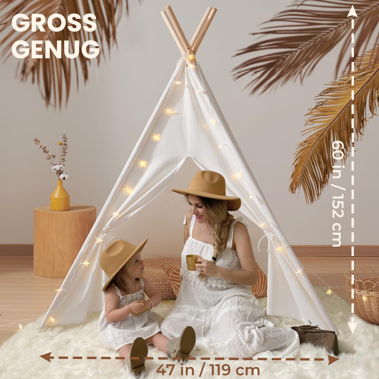Tiny Land Tipi Zelt für Kinder Mit Gepolsterter Decke, Lichterkette, Tasche | Tippi Kinderzelt, Spielzelt Kinder Indoor Outdoor, Spielhaus Garten, Waschbar Faltbar Segeltuch Zelt Kinderzimmer Leseecke