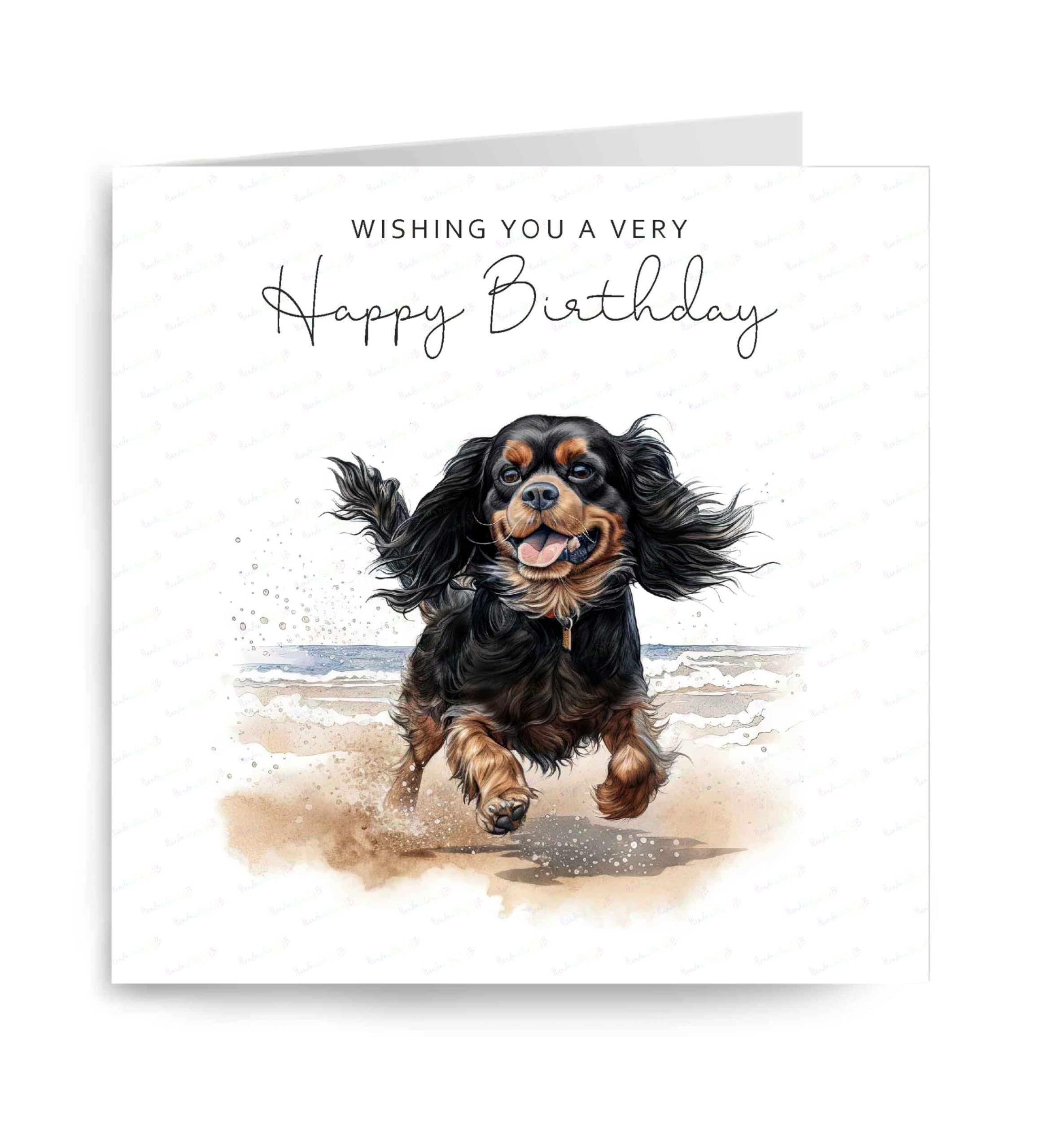Cavalier King Charles Spaniel (Black & Tan) Birthday Card, Lovely Dog Beach Scene Greetings Card, Dog on the Beach Birthday Card, Seaside Birthday Card, 6" x 6", Blank Inside
