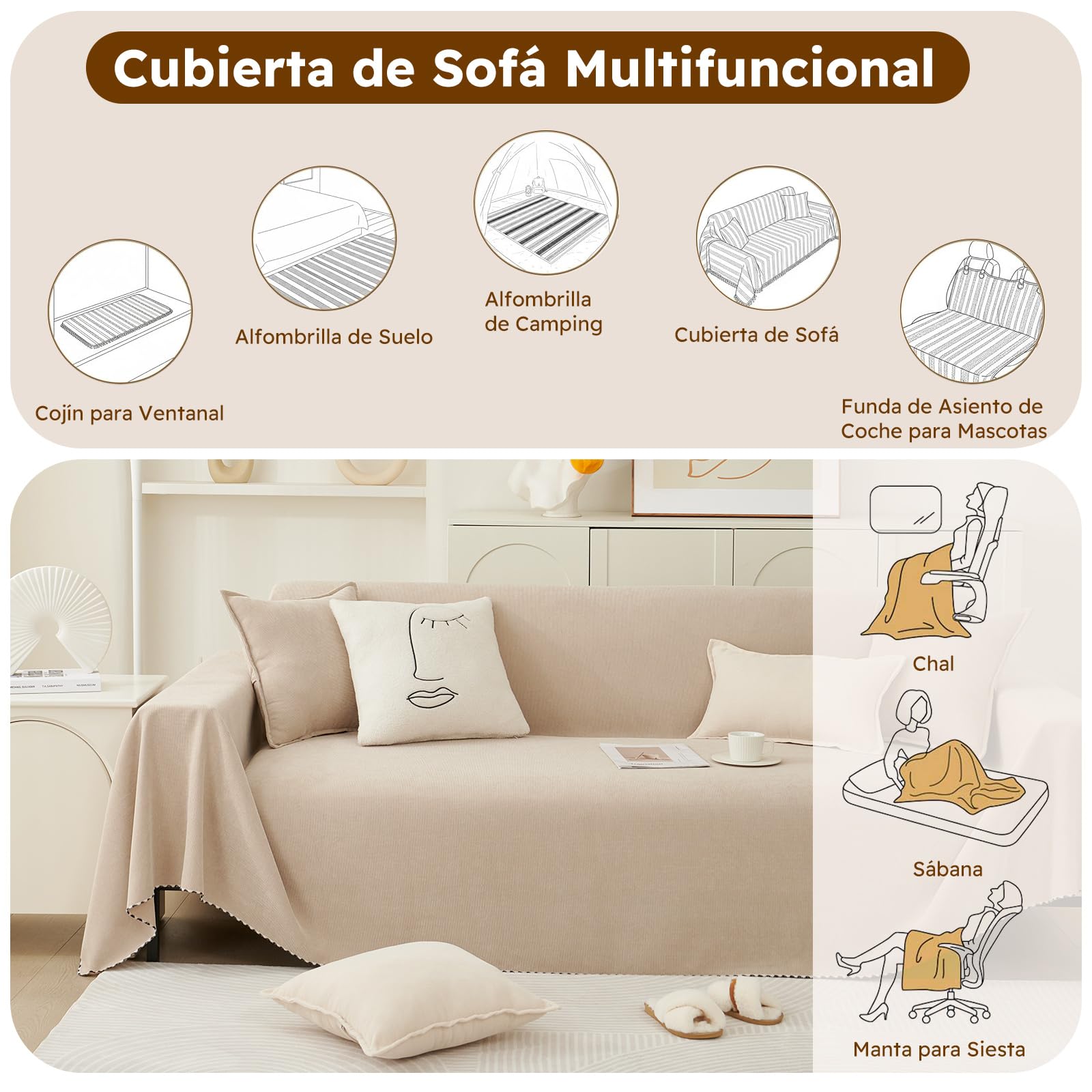 PETCUTE Fundas de Sofa, Protector Funda Sofa Cómodo y Suave, Fundas Sofá 1/2/3 Plazas,Universal, Reversible,Funda Sofas Gatos y Perros Mascotas,Cubierta Protectora de Sofá,Té con Leche,180 * 420cm
