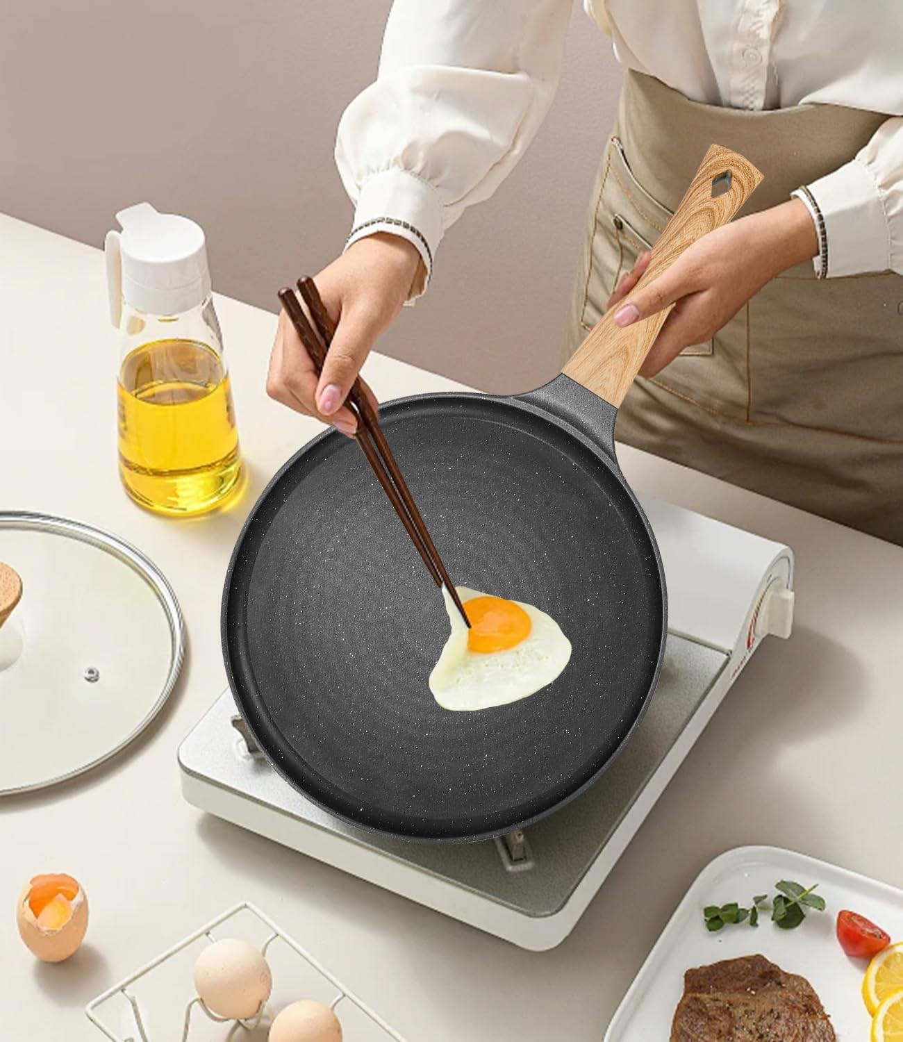 Padella crepes antiaderente nera 28 cm con rivestimento antiaderente in granito svizzero, manico in bachelite, compatibile EMC, senza PFOA