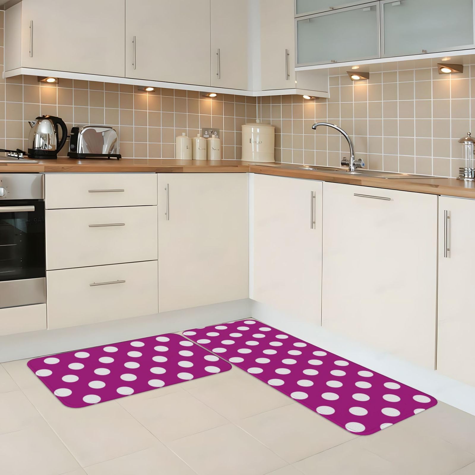 GVYGVY Antifatigue Kitchen Mats for Floor 2 Piece - Bright Purple Polka Dot Print Kitchen Rugs Washable, Non Slip Runner Rug Standing Mat for Office/Bathroom/Laundry/Home Decor and Accessories