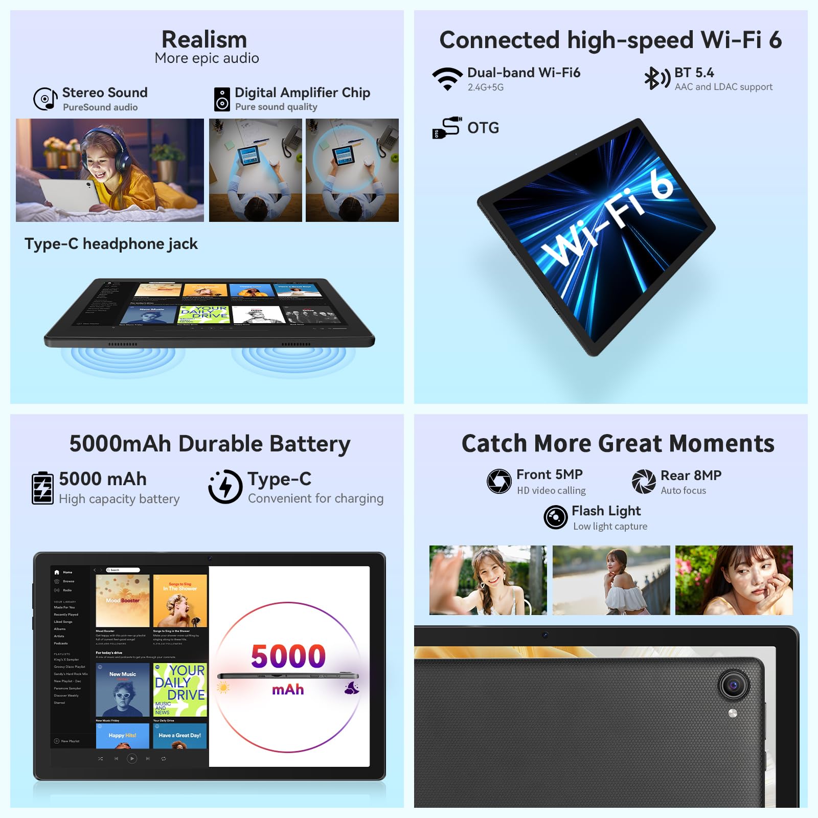 Whitedeer Android Tablet 10 Zoll - Android 15 Octa Core Gaming Tablet mit 20GB+64GB+1TB TF, Tablet PC mit OTG-Übertragung und Wi-Fi 6G, Widevine L1,5000mAh - Schwarz