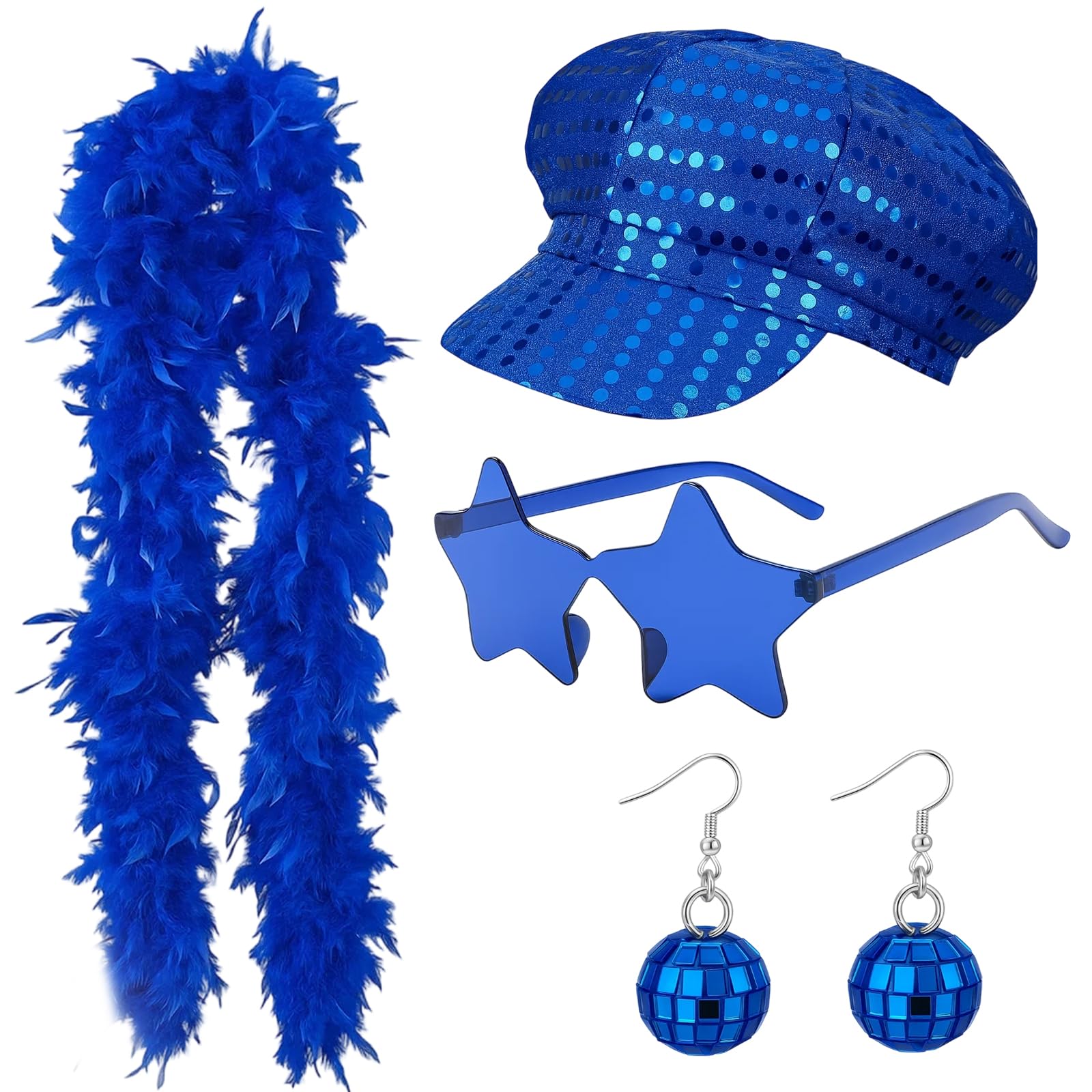 4-Piece Abba Accessories Set, Blue Feather Boa with Sequin Hat, Funky Earrings and Star Glasses, Retro Disco Dress Up for Women, Perfect for Theme Parties, Dance Performances and Music Festivals