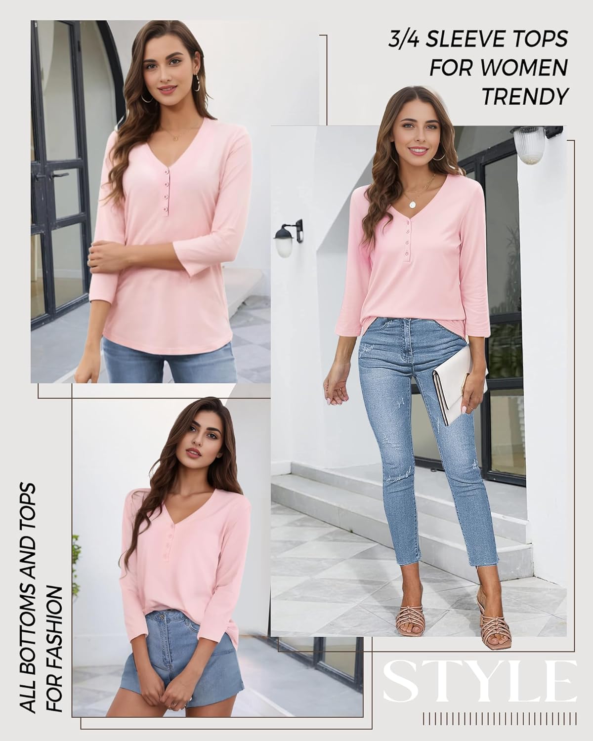 3/4 Length Sleeve Womens Tops Casual V Neck T Shirts Solid Basic Tee Tunic Tops Button Down Shirts Fall Clothes - Image 6