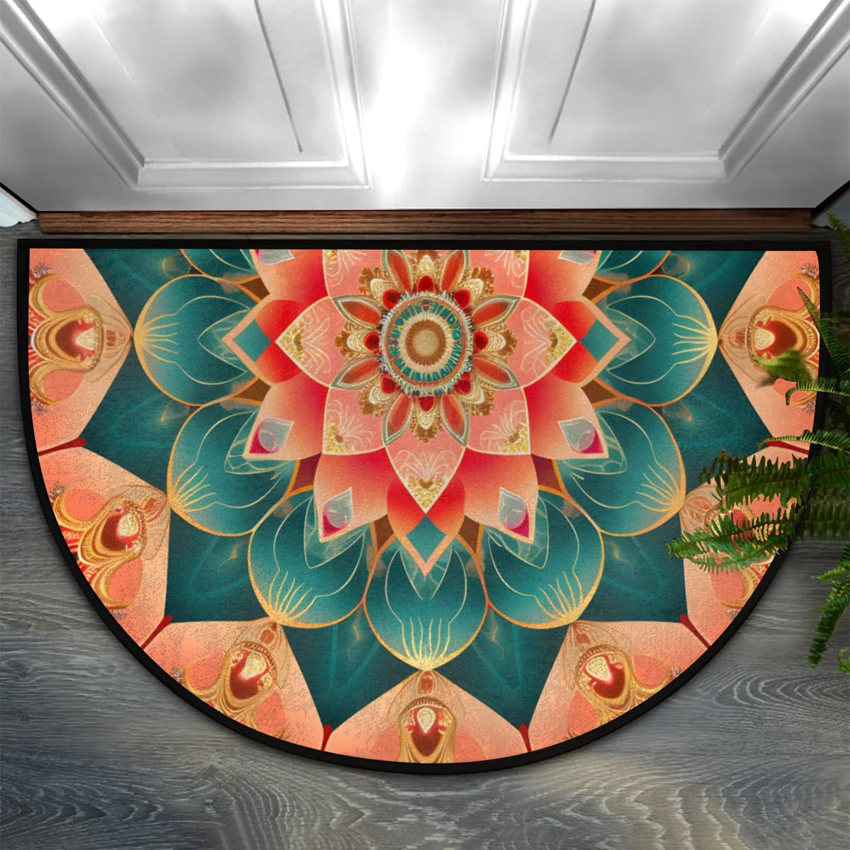 cfpolar Half Round Door Mat Mandala Colored Flowers Non-Slip Semi Circle Area Rug Washable Semi Circle Floor Rug for Indoor Outdoor Living Room