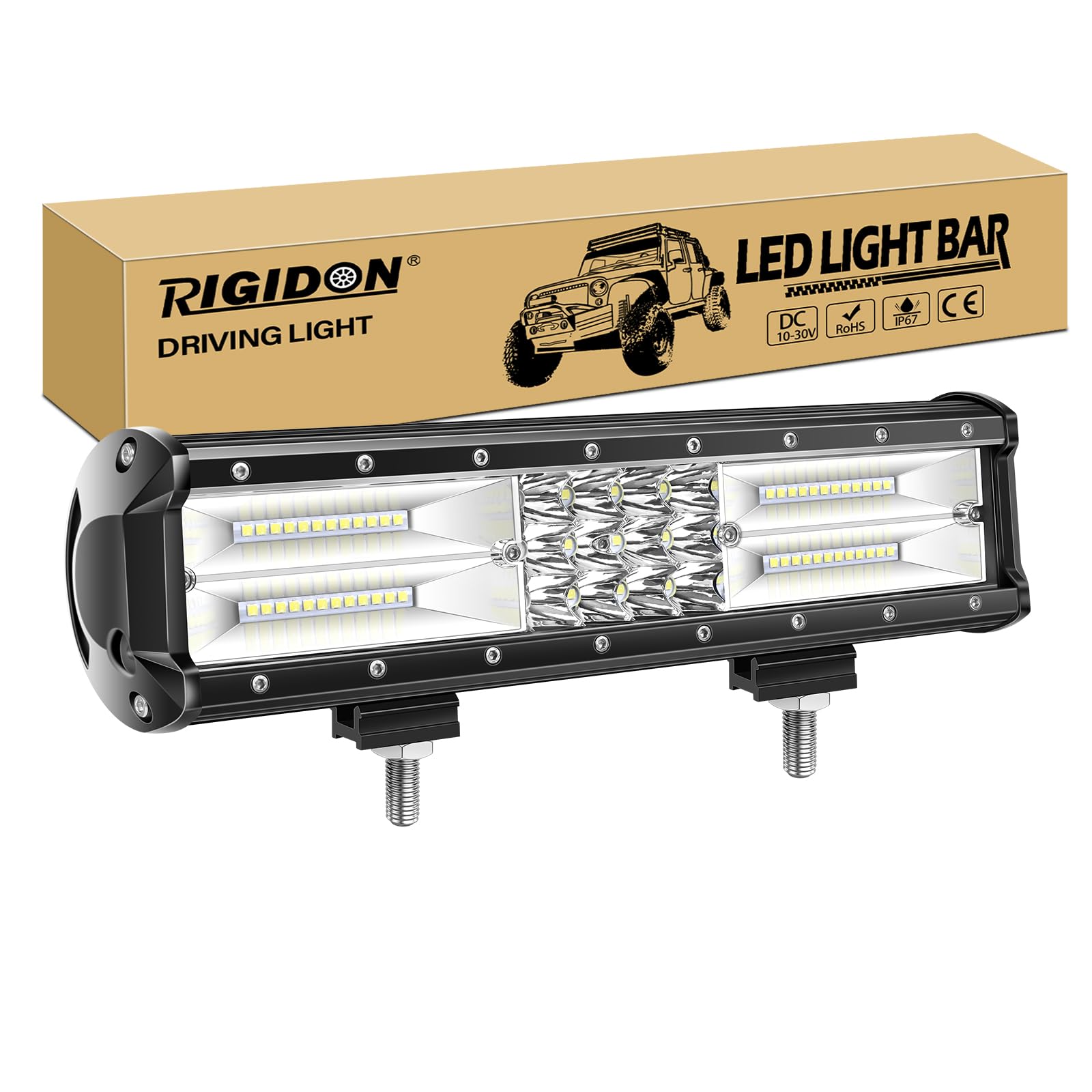 RIGIDON Barra de luz led, 12V 24V 12 pulgadas 180W, 7D Tri fila Barras luminosas led para off road camión coche ATV SUV 4x4 barco, Foco Inundación Combo, lámpara de conducción 6000K