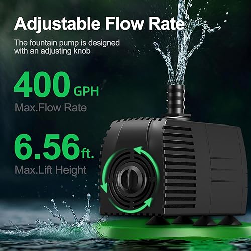 Miniatura 3 de Longrun Bomba sumergible de 400 GPH (1500 LH), bomba de fuente de agua ultra silenciosa con cable de alimentación de 6.5 pies, 1 boquilla para