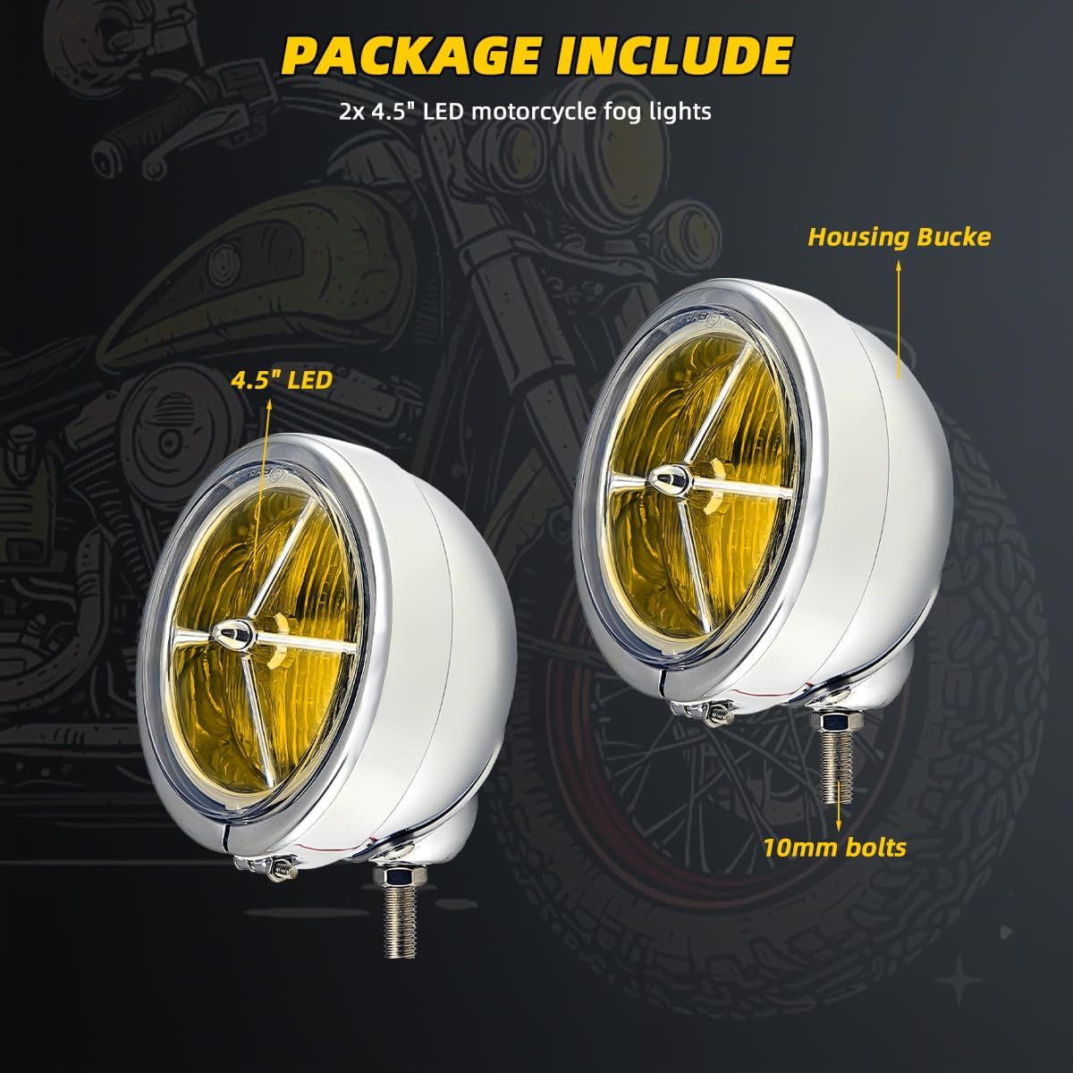 4.5" Motorcycle Auxiliary Lights Motorcycle Fog Lights Led Kit Passing Lamps Spotlights & Housing Bucket with Turbine Lens for Harley Honda Kawasaki Suzuki Yamaha Cruiser(Yellow)