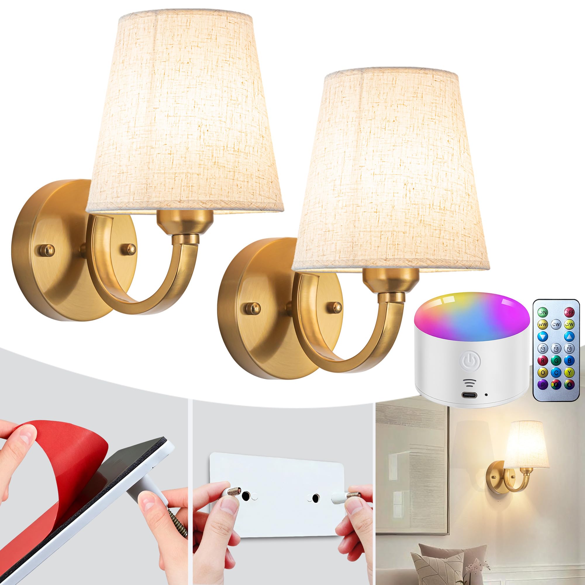 Photo 1 of YHCDLAMP Peel and Stick Wall Sconces, No Drilling Stick On Wall Sconce, Wireless Battery Operated Wall Lights, Adhesive Wall Lamp with 10000mAh Battery Bulb for Bedroom Living Room Decor