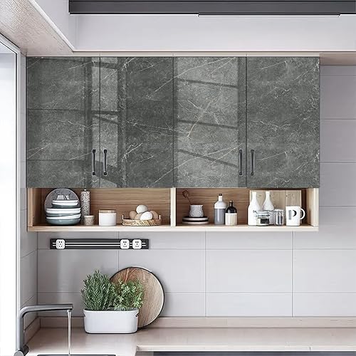 Miniatura 4 de TANONE Papel tapiz de mármol gris oscuro, papel adhesivo de granito brillante para despegar y pegar, superficies de cubierta de película de vinilo