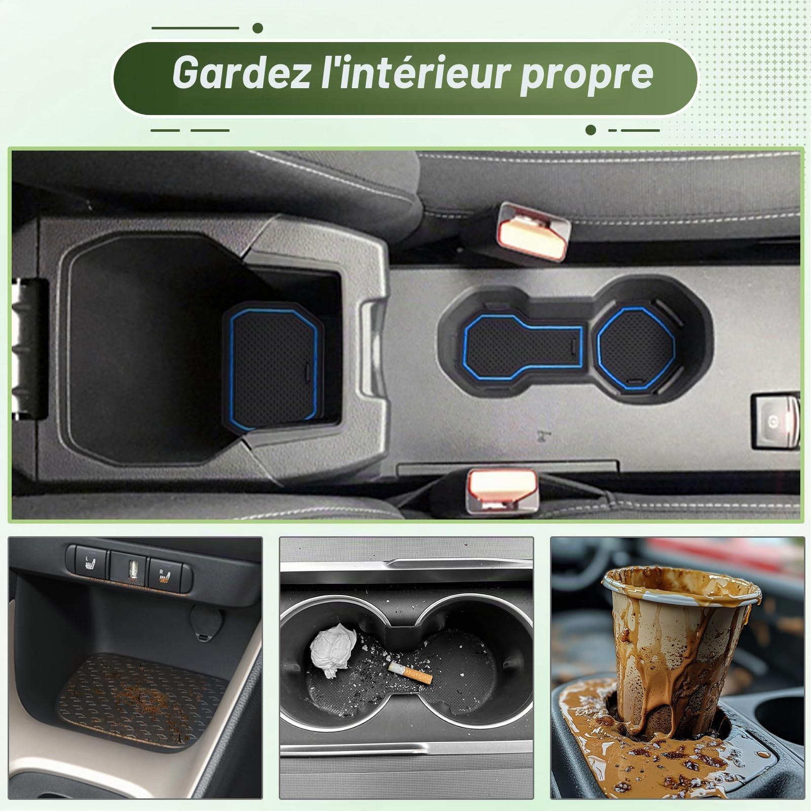 Compatible avec 2021-2025 Dacia Sandero III & Dacia Sandero Stepway III Tapis Antidérapants pour Sandero 3 Tapis en Caoutchouc pour Console Centrale, Porte Verres, Rainure de Porte (Bleu)