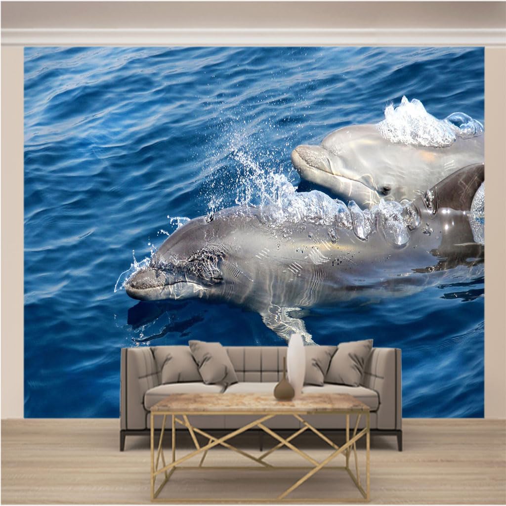 Papier peint panoramique lavable et intissé motif dauphins pour fond de meuble TV