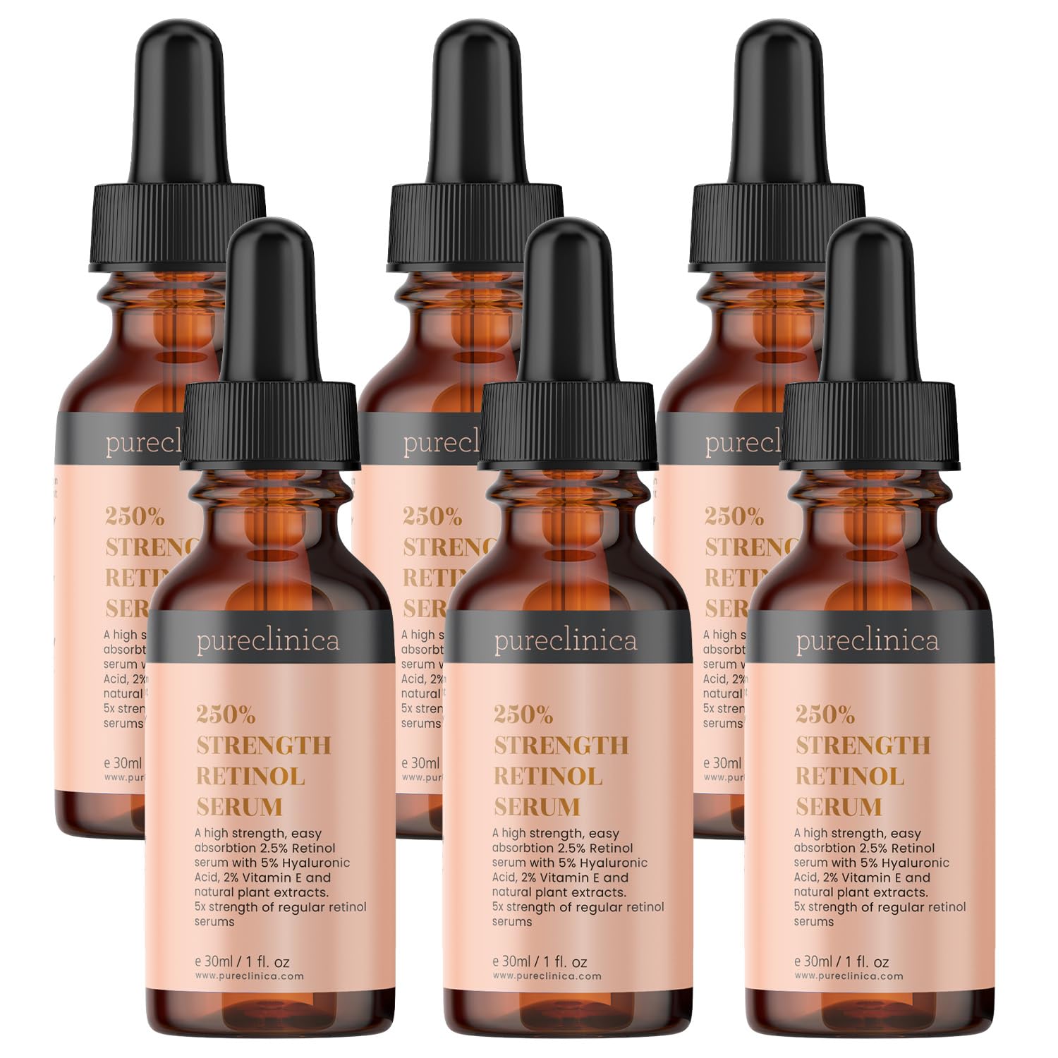 6 butelek, 250% mocniejsze serum z retinolem (2,5%) (z 5% HA i 2% witaminą E) – 30 ml – SKU:RETSER50 x 6