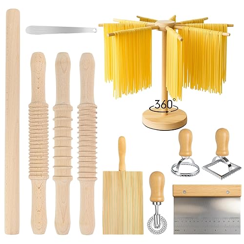 3 Size Pasta Making Tools, 11Pcs Wooden Pasta Making Kit with 3 Size Threaded Rolling Pins, Long Rolling Pin, Rotatable Pasta Drying Rack, Gnocchi Board, Dough Cutter, Wheel Cutter, 2 Stamps