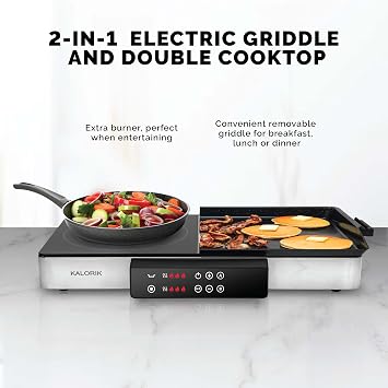 Kalorik Electric Griddle & Double Burner Cooktop MAXX Series 2-in-1 Cooker 22-Inch Cooking Surface 500F Max Temperature Teppanyaki Griddle Plate, 1800-Watts, Stainless Steel
