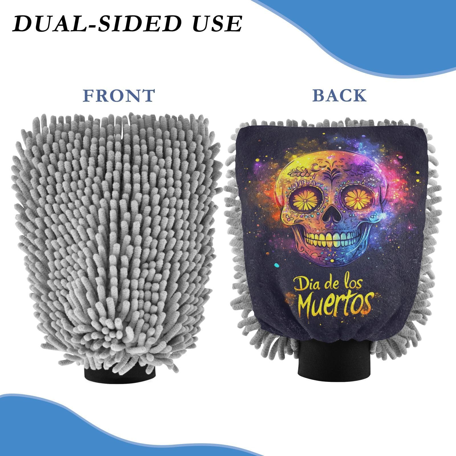 ALAZA Sugar Skull Dia De Los Muertos Car Wash Mitt Scratch Free, 2 Pack Absorbent Microfiber/Chenille Washing & Drying Mitts, L