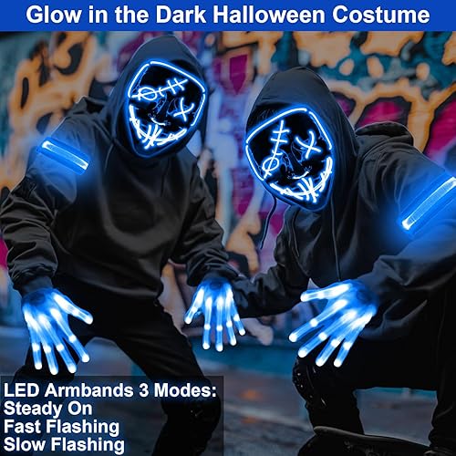 Miniatura 4 de 3 Set Halloween Led Mask Light Up Scary Mask Gloves and led Armbands Glow in the Dark Halloween Costume Party for Adult Kid