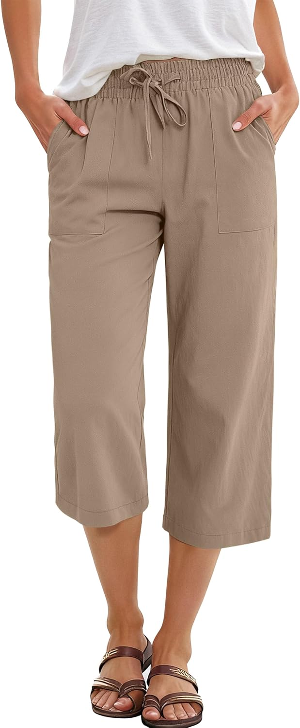 ANRABESS Capris Pants for Women Summer Casual Loose Drawstring Elastic High Waist Straight 2026 Lounge Beach Cropped Trousers