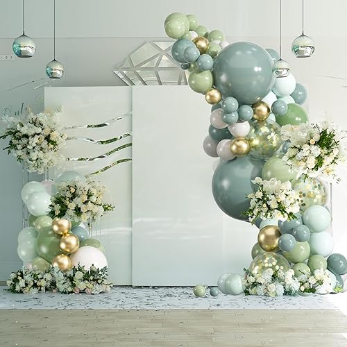 Miniatura 5 de Kit de arco de globos de 154 piezas de color azul polvoriento, globos neutros de confeti blanco arena y dorado para safari, baby shower, boda,