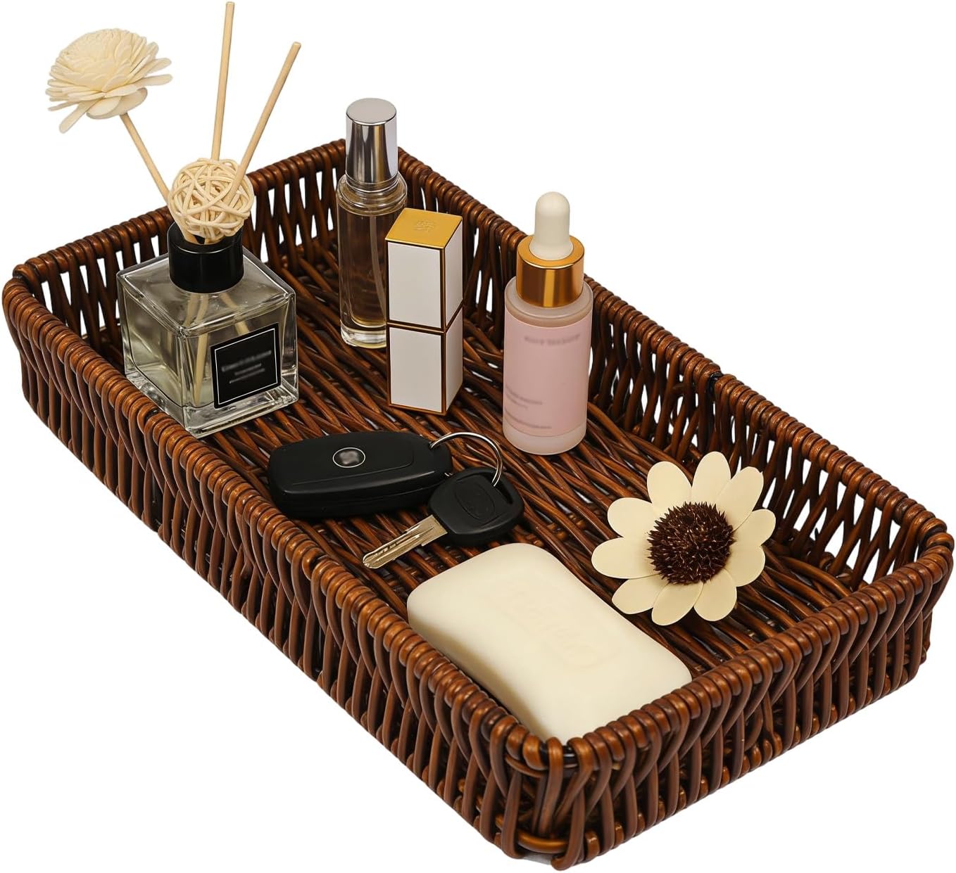 Key Bowl, Rattan Tray Rectangular Key Tray for Hallways, Organised Key Storage Solution, Decorative Basket for Home Entryways, Dimensions 23.5 cm x 8.5 cm x 4 cm